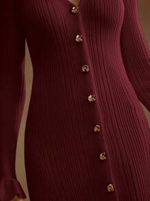 SHEIN X Jwoww Anewsta Elegant Solid Color V-Neck Long Sleeve Fitted Maxi Dress With Ruffle Hem And Side Slit For Women, Autumn/Winter - Burgundy - View 7