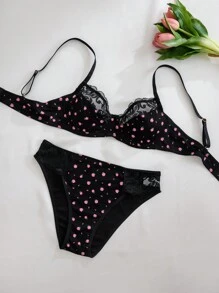 Bộ 2 chiếc/Bộ áo ngực ren hoa lãng mạn có gọng - màu đen - Xem 5