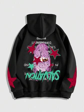 Street Life Sudadera con capucha casual para hombres con impresión de letras y números, otoño