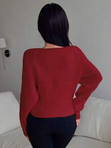 Chiquease Áo len chui đầu dệt kim rộng rãi quấn chéo phía trước, đa năng thường ngày dài tay - Màu Đỏ Sâu - Xem 2