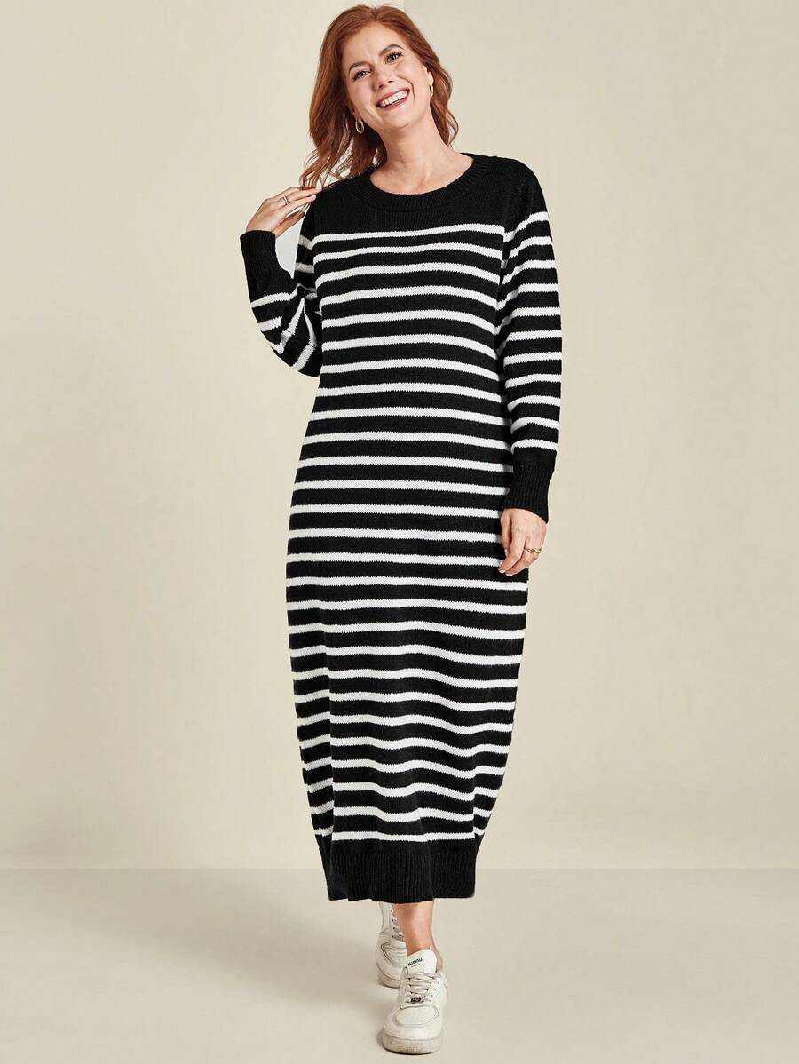 SHEIN LUNE Plus Size Color Block Striped Long Knit Sweater Dress, Casual Style For Autumn/Winter - Black and White - View 1