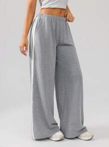 SHEIN SXY Fall Women Clothes;Women Elastic Waist Side Contrast Lace Wide Leg Loose Casual Pants Comfortable, Casual, Versatile And Fashionable, Gray Pants