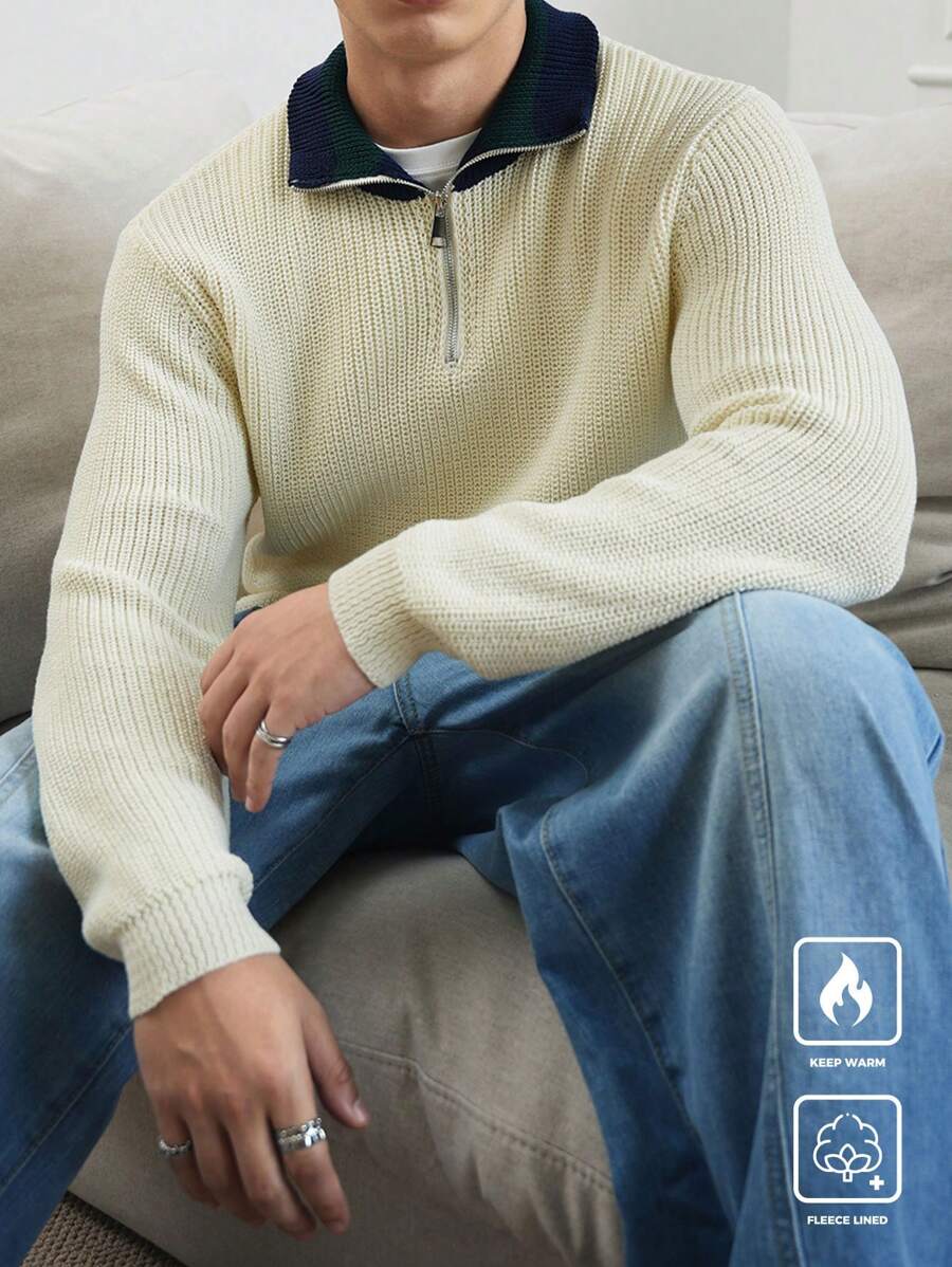 Manfinity Hypemode Men's Contrast Color Half Zip Pullover Sweater - Multicolor - View 1