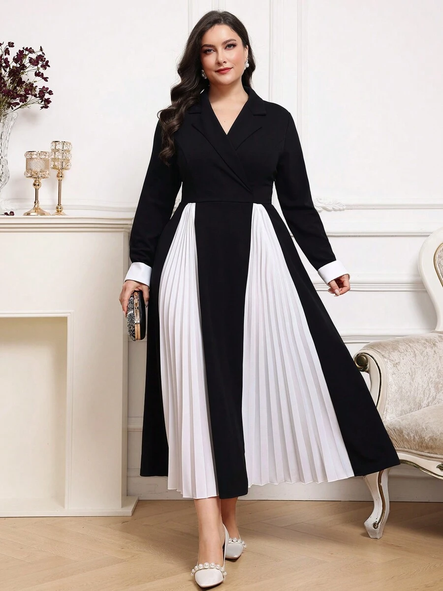 Modelyn Đầm dài thường ngày xếp ly cổ chữ V màu trơn cỡ lớn Đầm dạ hội dài - Đen và trắng - Xem 1