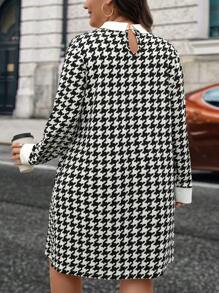SHEIN LUNE Đầm tay dài cỡ lớn Houndstooth Color Block cổ áo sơ mi cỡ lớn Quần áo mùa thu Đầm dành cho nữ - Đen và trắng - Xem 2