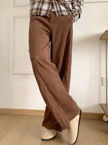 Mainfolk Celana Panjang Pria Tenun Kasual Warna Polos dengan Saku dan Tali Serut di Pinggang, Model Lurus, Modis & Nyaman - Coklat - View 3
