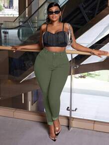 SHEIN SXY Quần Jeans Xanh Quân Đội Co Giãn Cỡ Lớn Cho Nữ, Quần Ôm Có Viền Bó - xanh quân đội - Xem 3