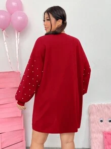 SHEIN EZwear Women's Plus Size Drop Shoulder Loose Fit Red Dress - Red - View 2