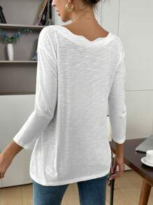 SHEIN Maternity Women's White Round Neck Loose Long-Sleeved Casual T-Shirt,Curved Wavy Neckline,Basic Autumn Everyday Smart Casual Drop Shoulder Fall Tops - White - View 4