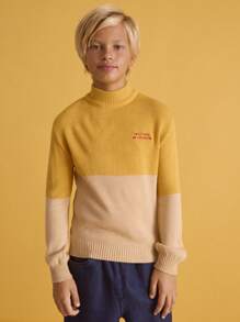 SHEIN Tween Boy Colorblock Yellow Casual Everyday Letter Embroidery High Neck Long Sleeve Fitted Sweater, Autumn/Winter - Yellow - View 1