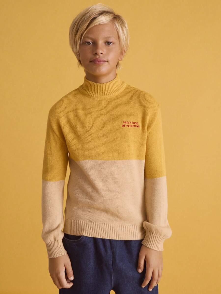 SHEIN Tween Boy Colorblock Yellow Casual Everyday Letter Embroidery High Neck Long Sleeve Fitted Sweater, Autumn/Winter - Yellow - View 1