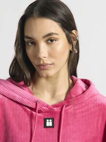 AiiRZ Velvet Ribbed Crop Hoodie Drawstring Balloon Sleeve Cozy Fall Winter Loungewear Streetwear Athleisure Statement Sweatshirt Pullover - Hot Pink - View 4