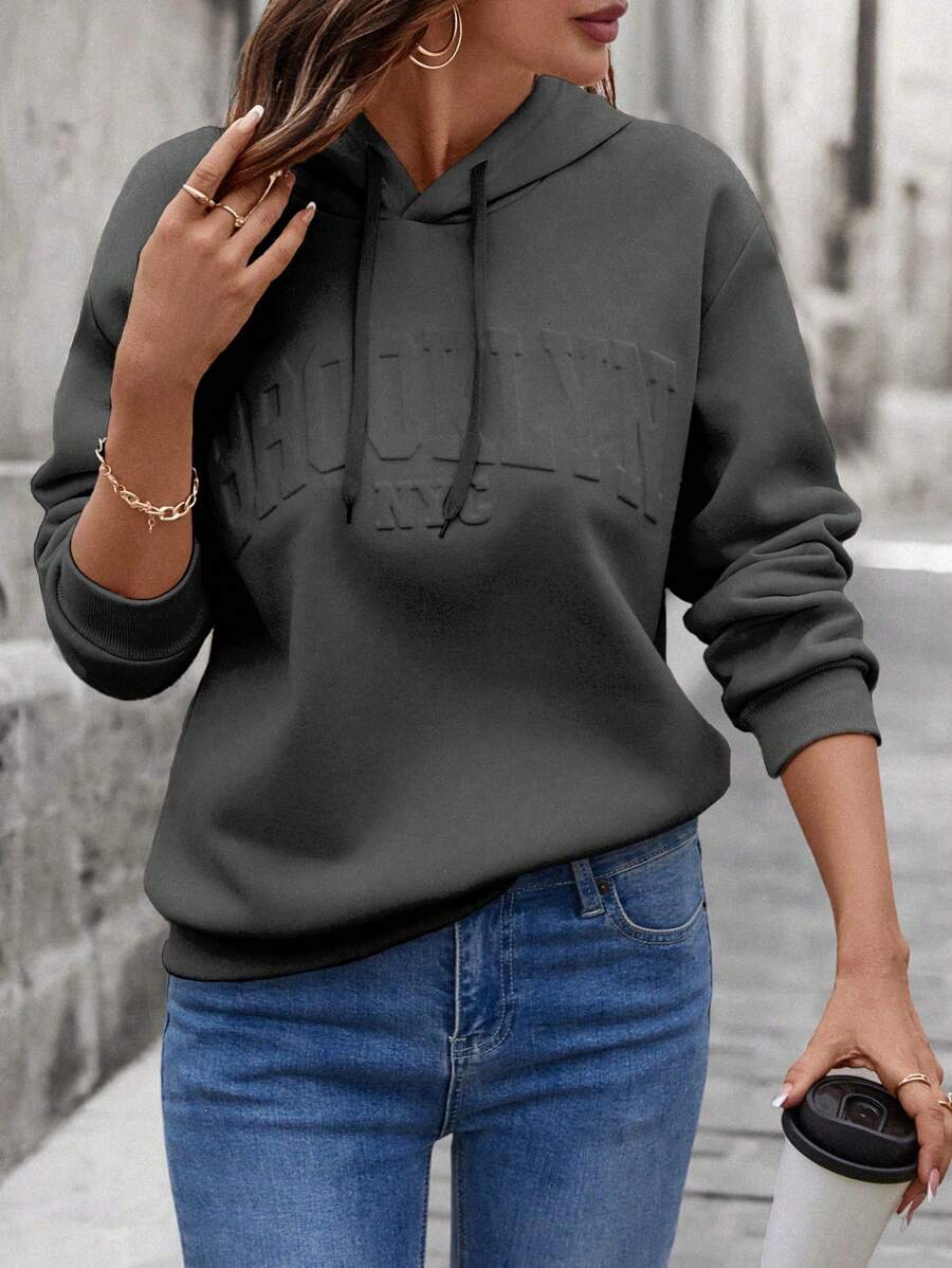 EMERY ROSE Women's Casual Loose Hooded Sweatshirt With 3D Letter Graphic,Long Sleeve Top,Graduation,Teacher,Back To School Pullover Fall - Dark Grey - View 1