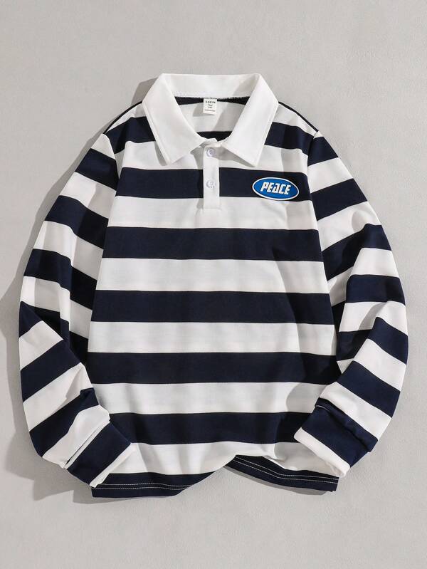 Casual Striped Polo Collar Sweatshirt, Korean Style For Teenage Boys