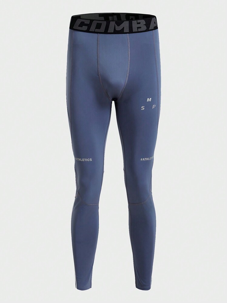 Manfinity Sport Corelite Leggings de sport ajustés avec taille élastique imprimée de lettres, style boyfriend pour hommes - Bleu gris - Voir 5