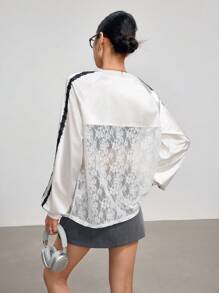 EastFlair 女式秋季时尚蕾丝拼布插肩袖上衣 - 藍色 - 查看 2