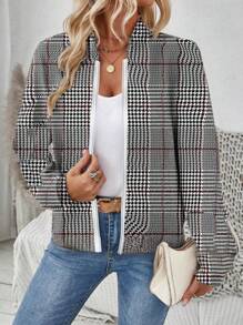 SHEIN LUNE Áo khoác kẻ caro Houndstooth khóa kéo giản dị dành cho nữ, phù hợp cho mùa thu/đông - Nhiều màu - Xem 3