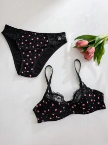 Bộ 2 chiếc/Bộ áo ngực ren hoa lãng mạn có gọng - màu đen - Xem 1