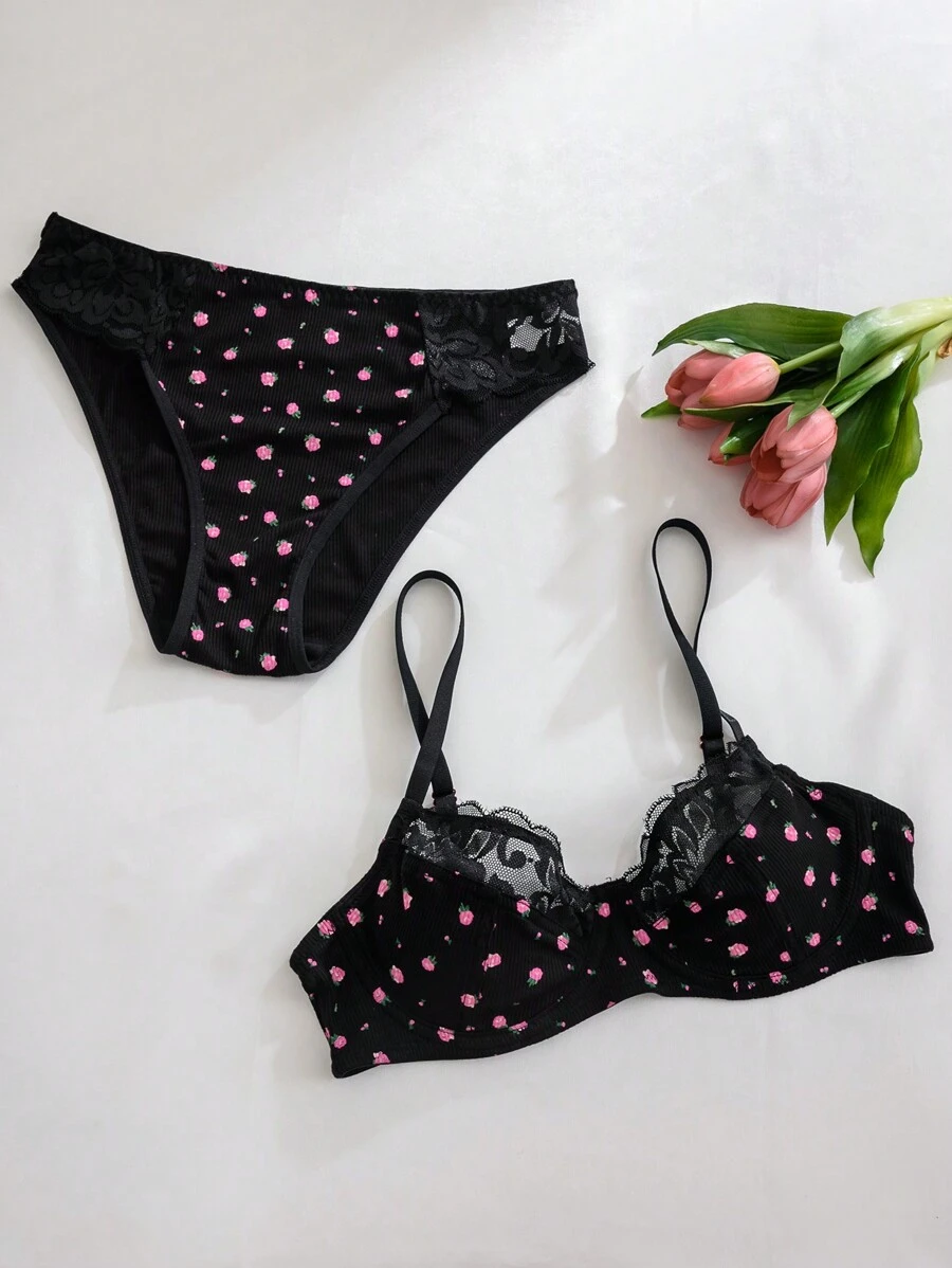 Bộ 2 chiếc/Bộ áo ngực ren hoa lãng mạn có gọng - màu đen - Xem 1