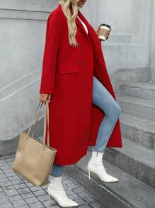 SHEIN Clasi Áo khoác mùa đông Giáng sinh màu đỏ đơn giản, hai hàng khuy bằng len ngày lễ cho nữ. Quần áo giữ nhiệt cho năm mới - Đỏ - Xem 3