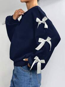 SHEIN EZwear Bowknot Strap Solid Color Round Neck Casual Loose Fit Long Sleeve Sweatshirt In Fall/Winter - Navy Blue - View 4