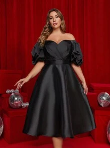 SHEIN Belle Váy dạ hội chữ A thanh lịch tay bồng bằng vải satin đen cỡ lớn, váy dạ hội bán trang trọng, cho sinh nhật, khách dự tiệc cưới, tiệc tốt nghiệp, váy dự tiệc - màu đen - Xem 3