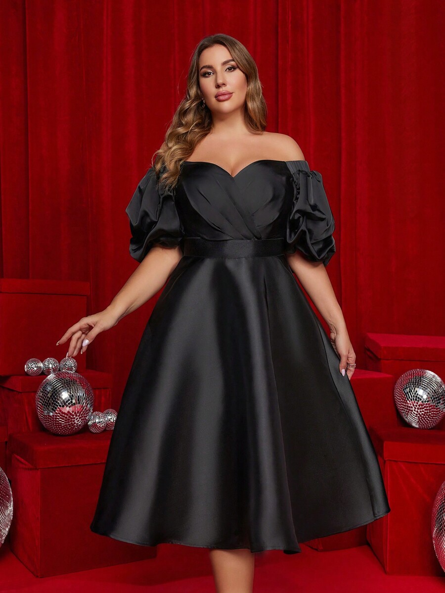 SHEIN Belle Robe de soirée élégante en satin noir grande taille, avec