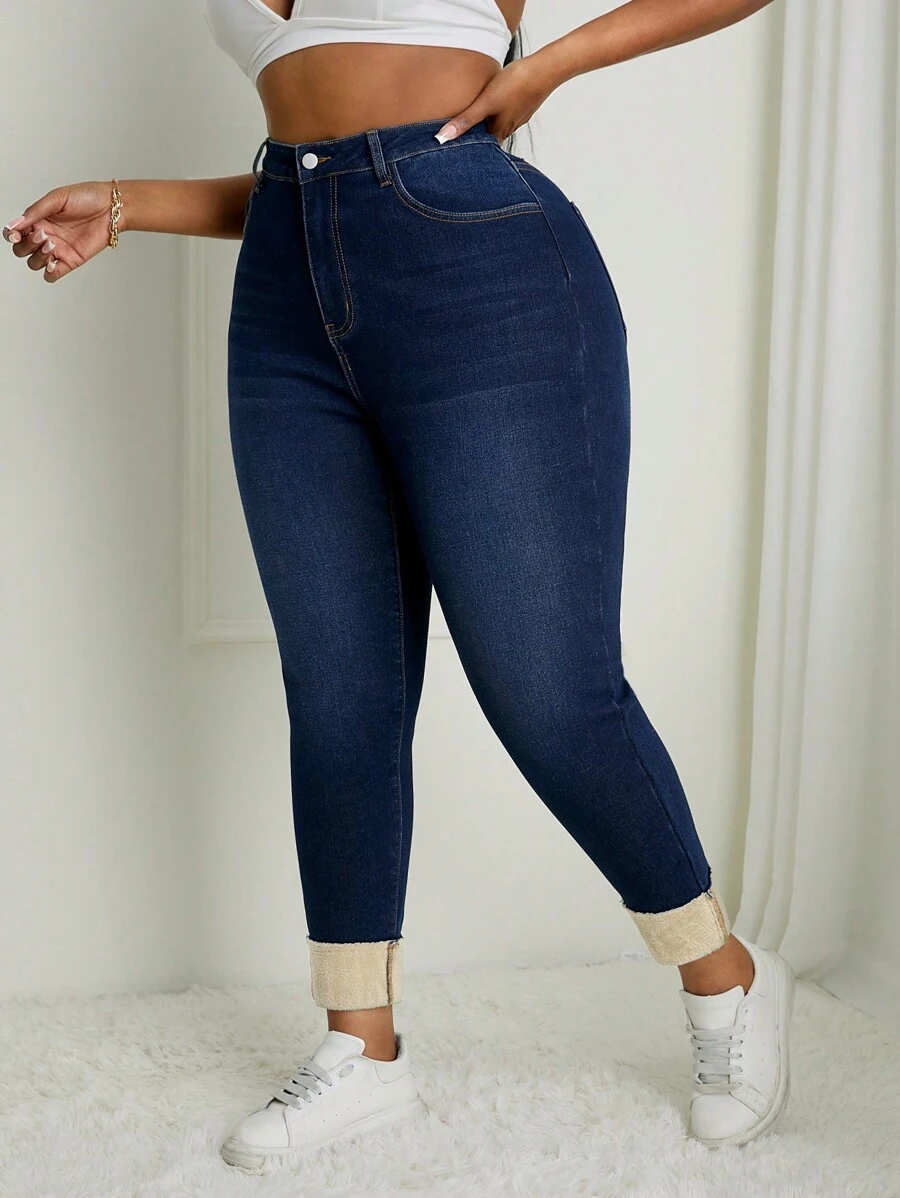 Slaydiva Old Money Plus Size Denim Elastic Fashion Thermal Lined Thickened Autumn Tight Trousers Formal Date Night Navy Blue Casual - Blue - View 1