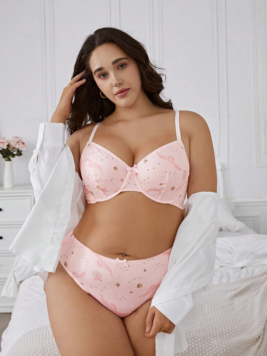 HARRY POTTER X SHEIN Plus Size In hình hoạt hình Chi tiết nơ có gọng Bộ áo ngực & quần lót - Nhiều màu - Xem 1