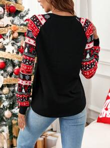SHEIN LUNE Casual Women Christmas Graphic Raglan Sleeve Long Sleeve T-Shirt Ugly Christmas T-Shirt - Multicolor - View 3