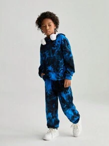 SHEIN 2pcs/Set Tween Boy Street Style All-Over Print Hooded Long Sleeve Sweatshirt And Pouch Pocket Sweatpants - Blue - View 6