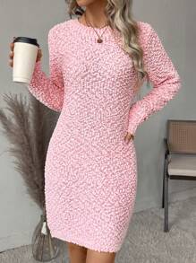 SHEIN LUNE Vestido de suéter casual de unicolor, cuello redondo, manga larga y bajo recto para mujer, otoño/invierno