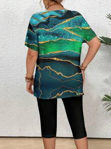 Letni swobodny, marmurkowy nadruk, krótki rękaw, T-shirt i legginsy, 2 częściowy zestaw dla kobiet o większych rozmiarach