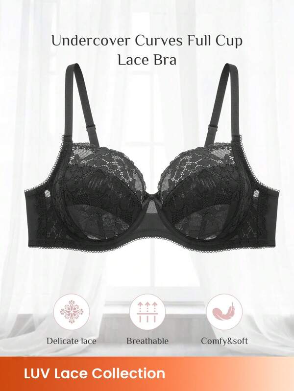 LUVLETTE Woman Full Coverage Lingerie Lounge Curve Support & Breathable Underwire Sexy Unlined Black Minimizer Lace Bra