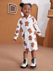 We Bare Bears X SHEIN Young Girl Cartoon Graphic Cute Teddy Bear Full Print Hoodie Brushed Pocket Sweatshirt Dress, Casual For Fall And Winter - White - View 6