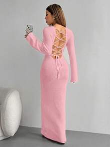 EgrlEra 1 件女式后系带花卉提花针织连衣裙 - 淺粉色 - 查看 1