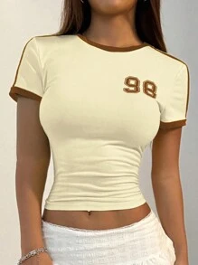 StreetHx Women Color Block Round Neck Short Sleeve Numeric Print Casual Top Graphic Tees Women Tops