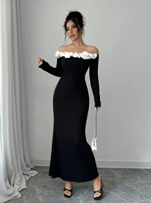 Chiquease Vestido ajustado con decoración floral y escote barco para mujer, elegante para otoño/invierno