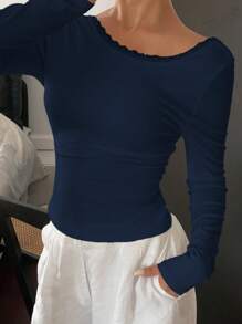 DAZY Women's Sexy Backless Contrast Lace Bodycon Ribbed T-Shirt Top,Halter Top,Fall Clothes Long Sleeve Women Tops - Navy Blue - View 4