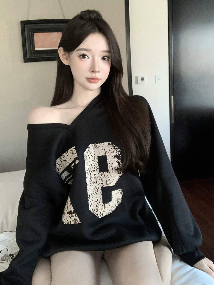 Fleece V-Neck Loose Casual Stylish Letter Print Women Sweatshirt,Fall Clothes,Winter