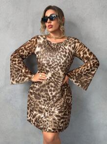 Flirla Plus Size Leopard Print U-Back Long Sleeve Dress - Multicolor - View 5