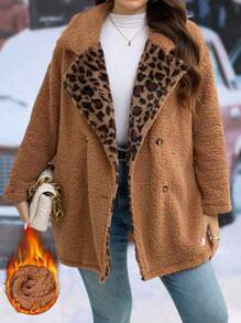 SHEIN LUNE Damen Große Größen Leopard Steppjacke mit Peter Pan Kragen und Doppelreiher , Herbst/Winter - Verschiedenfarbig - Übersicht 1