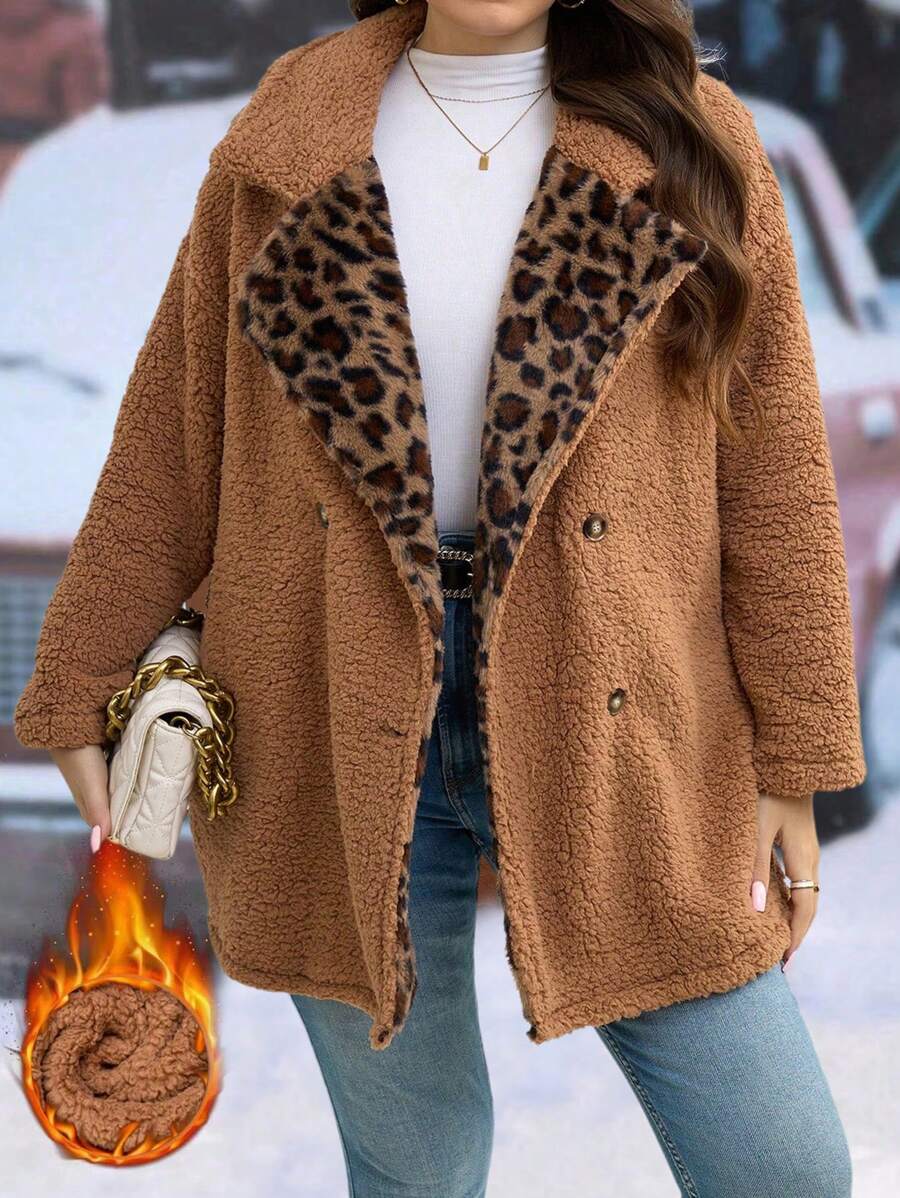 SHEIN LUNE Damen Große Größen Leopard Steppjacke mit Peter Pan Kragen und Doppelreiher , Herbst/Winter - Verschiedenfarbig - Übersicht 1