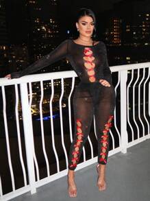 SHEIN SXY Sexy & Cute Bow Decor Hollow & Rhinestone Embellished Bodysuit, For Autumn/Winter - Black - View 4