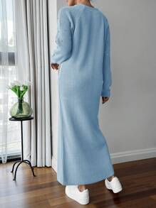 SHEIN Cottnline Round Neck Raglan Sleeve Maxi Sweater Dress With Beading - Baby Blue - View 6