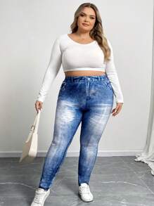 SHEIN CURVE+ Plus Size Summer Full Print Pattern Leggings - Blue and White - View 7