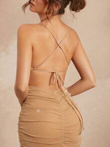 L'Amorae Crossed Back Mesh Center Slit Dress