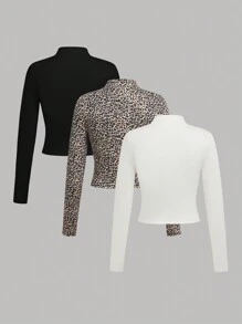 SHEIN Compra 1 Obtén 3 Camiseta versátil de manga larga con cuello alto estilo leopardo en negro y blanco para adolescentes