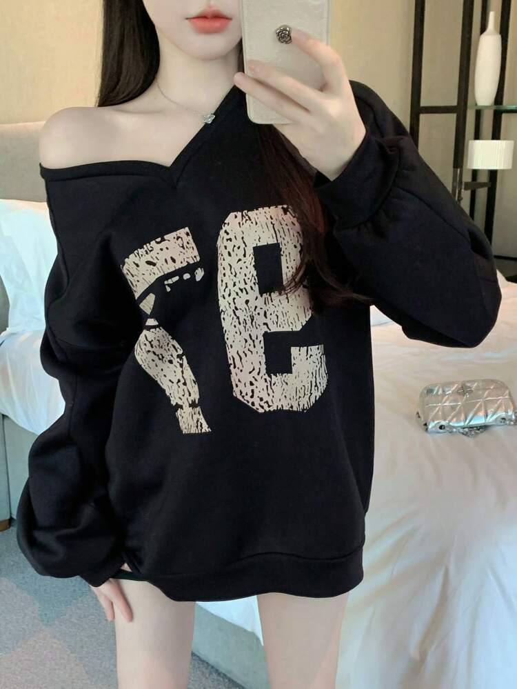 Fleece V-Neck Loose Casual Stylish Letter Print Women Sweatshirt,Fall Clothes,Winter