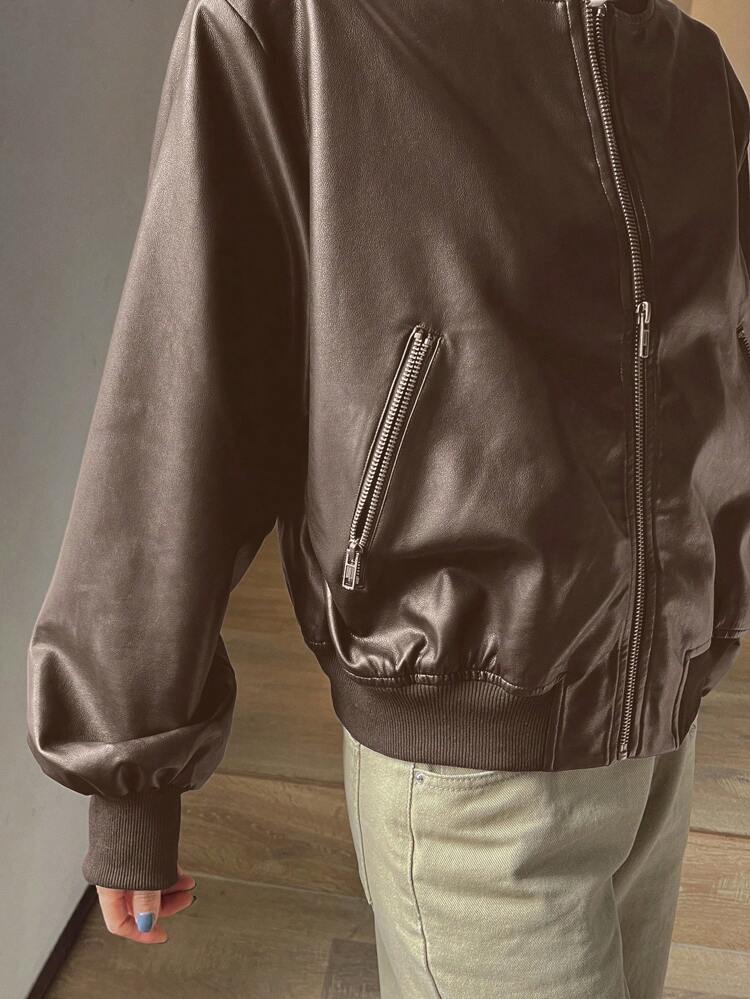 Women's Plain PU Leather Zippered Pocket Long Sleeve Casual Bomber Jacket,Fall Clothes